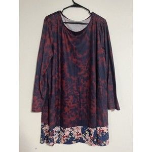 Emery Rose Long Sleeve Tunic Top size XXL Blue Burgundy Floral 2XL Blouse Shirt